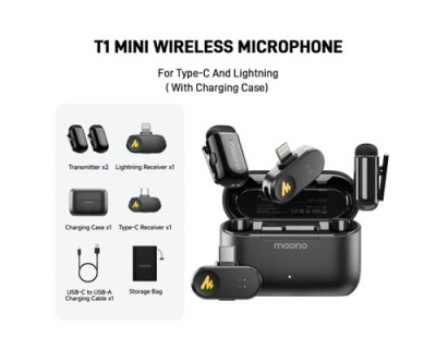Maono WAVE T1 MINI Wireless Microphone noise cancellation with Ai Voice Changer Combo Edition ( iOS, TYPE C )