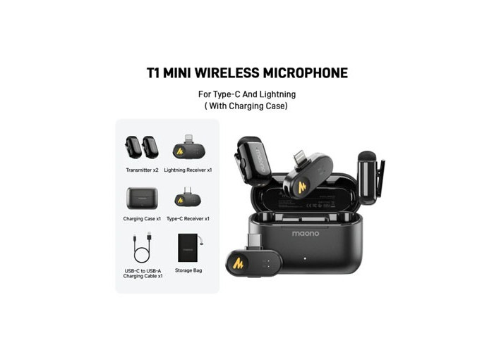 Maono WAVE T1 MINI Wireless Microphone noise cancellation with Ai Voice Changer Combo Edition ( iOS, TYPE C )